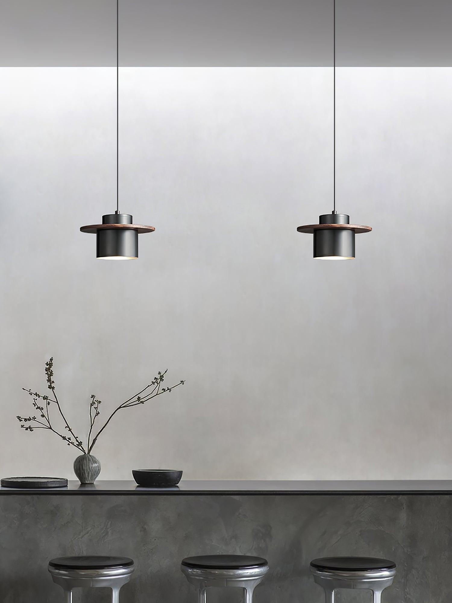 Modern Walnut Wood and Brass Pendant Light Minimalist Hanging Ceiling Fixture for Living Room