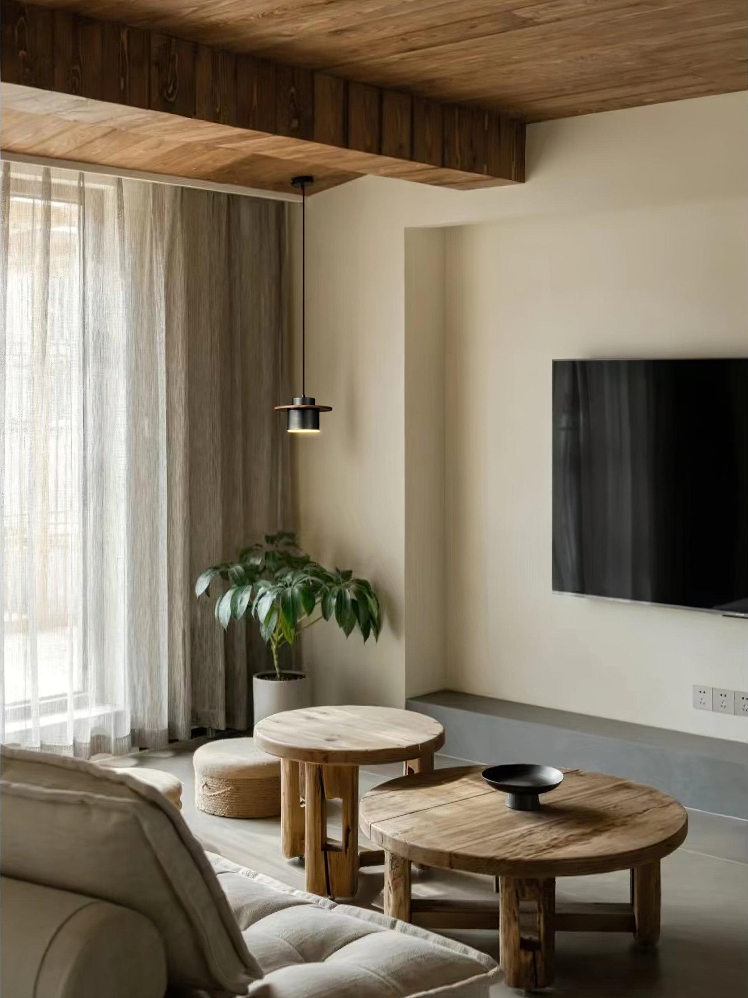 Modern Walnut Wood and Brass Pendant Light Minimalist Hanging Ceiling Fixture for Living Room