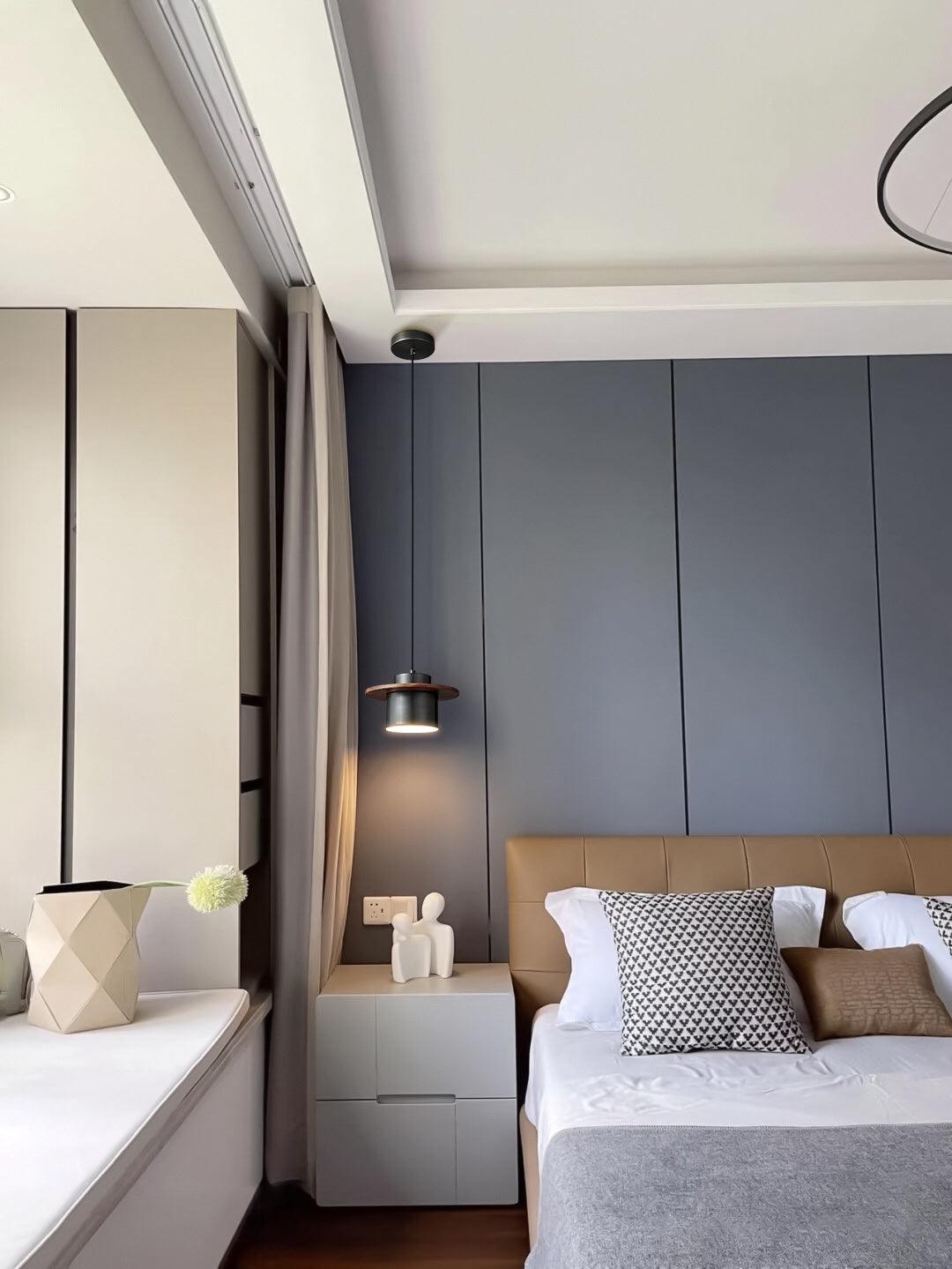 Modern Walnut Wood and Brass Pendant Light Minimalist Hanging Ceiling Fixture for Living Room