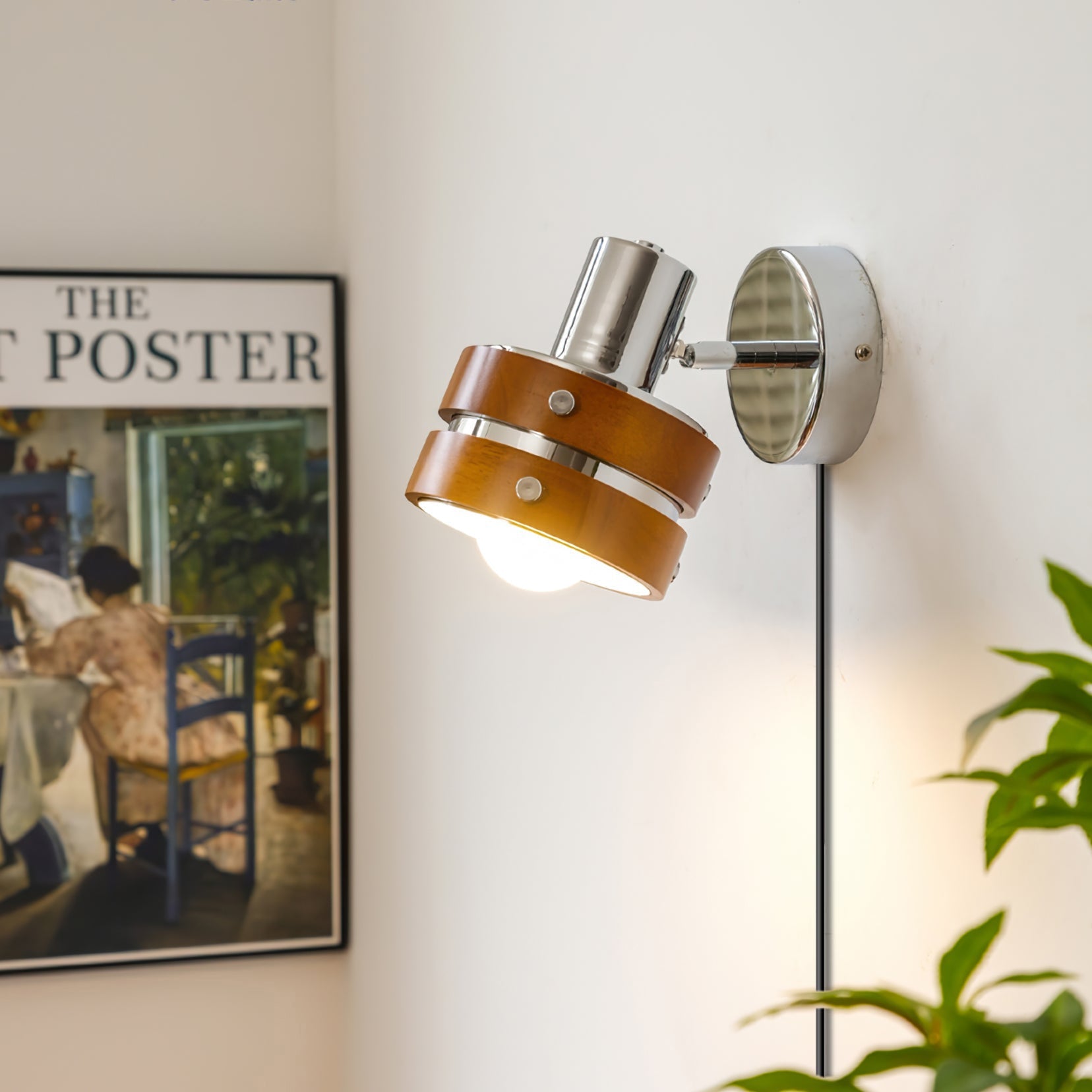 Modern Walnut Wood and Chrome Plug In Wall Sconce with Adjustable Tilt Head