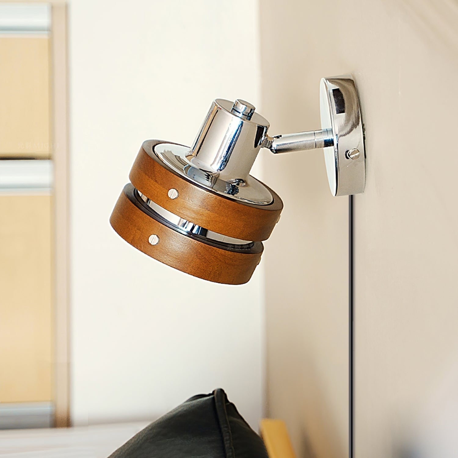 Modern Walnut Wood and Chrome Plug In Wall Sconce with Adjustable Tilt Head