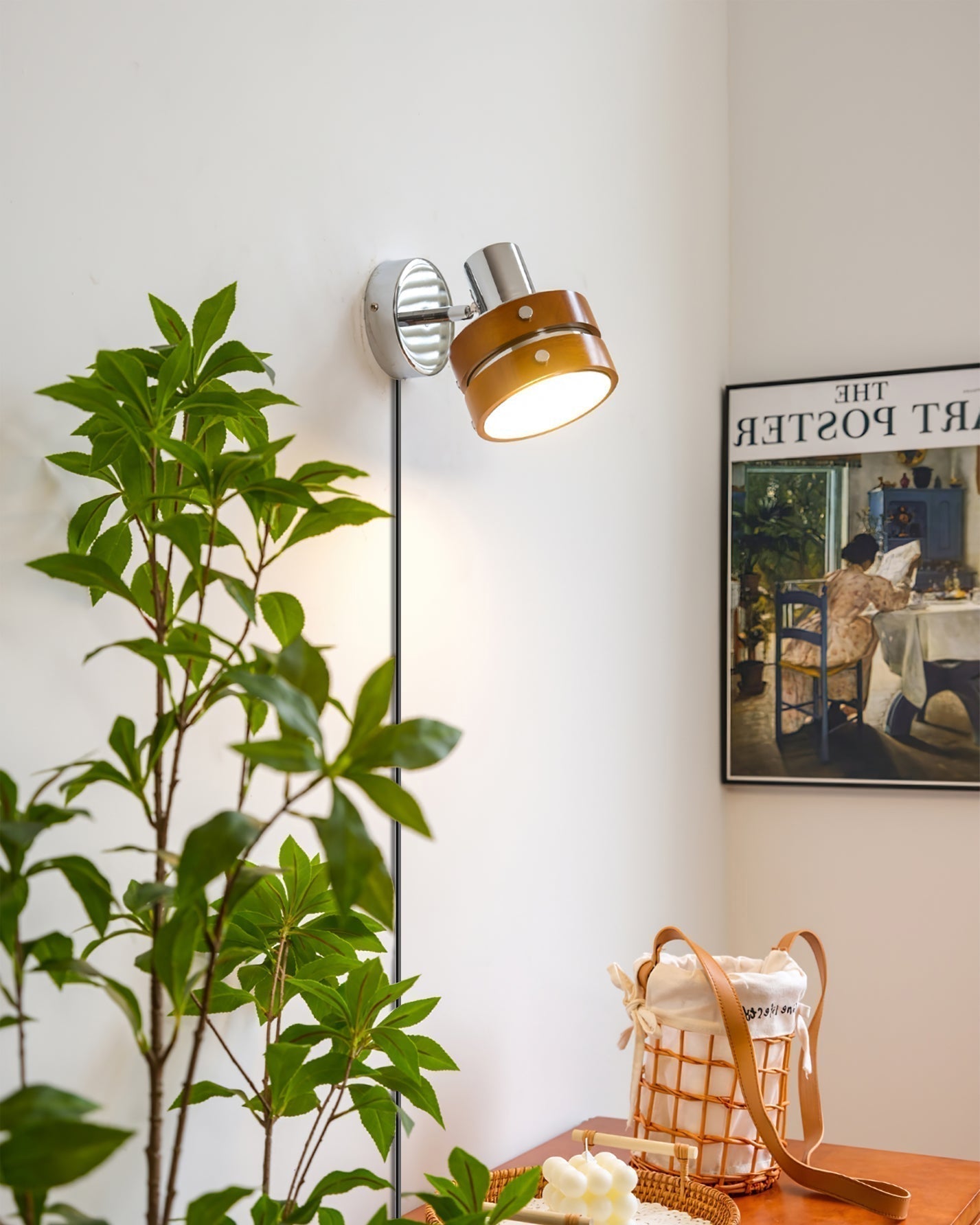 Modern Walnut Wood and Chrome Plug In Wall Sconce with Adjustable Tilt Head