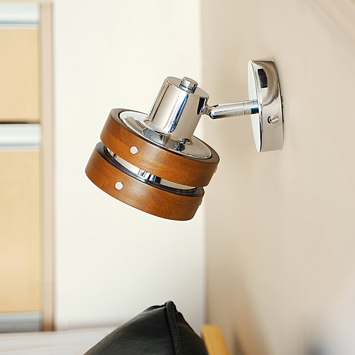 Modern Walnut Wood and Chrome Wall Sconce Set of 2 Adjustable Japanese Style Indoor Lamp