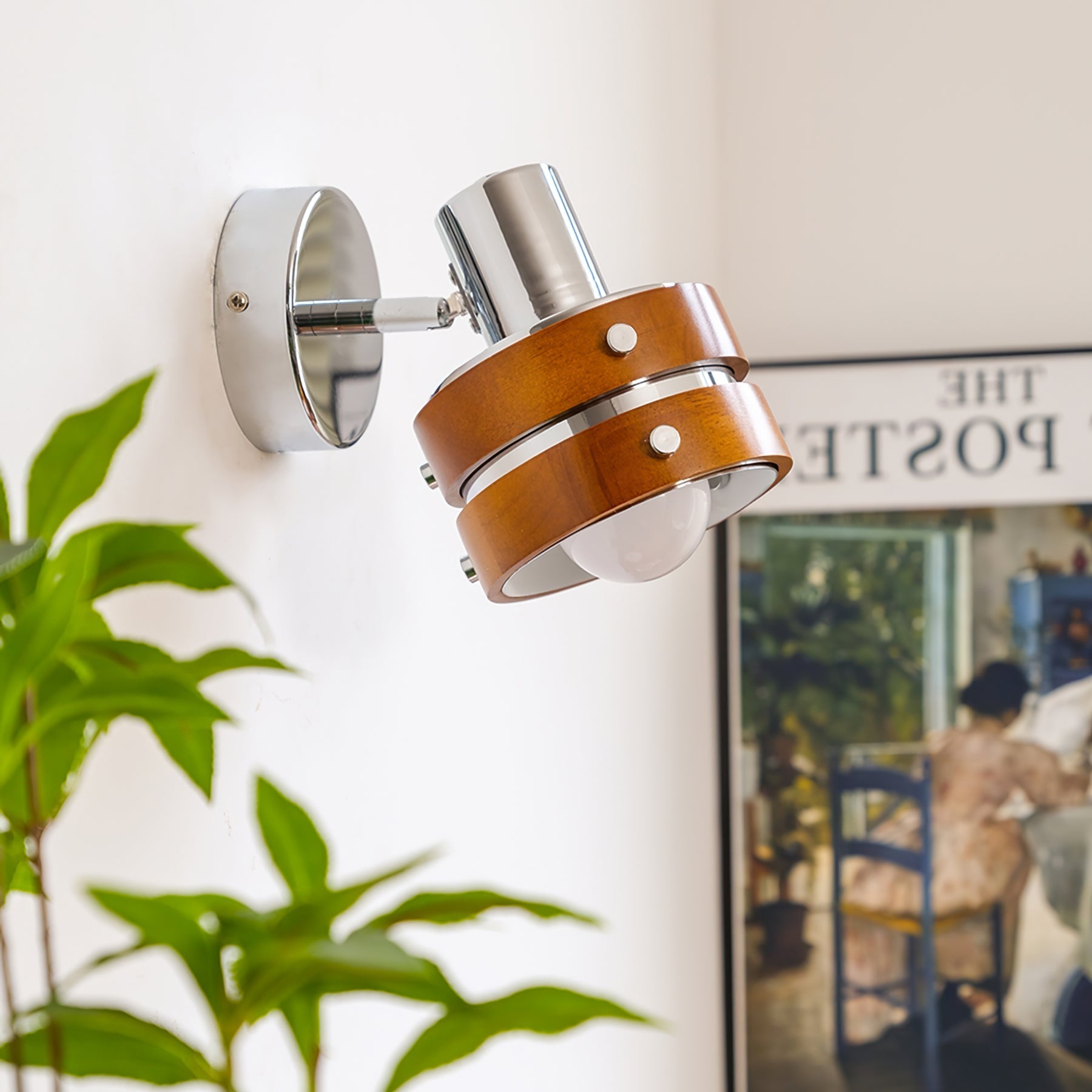 Modern Walnut Wood and Chrome Wall Sconce Set of 2 Adjustable Japanese Style Indoor Lamp