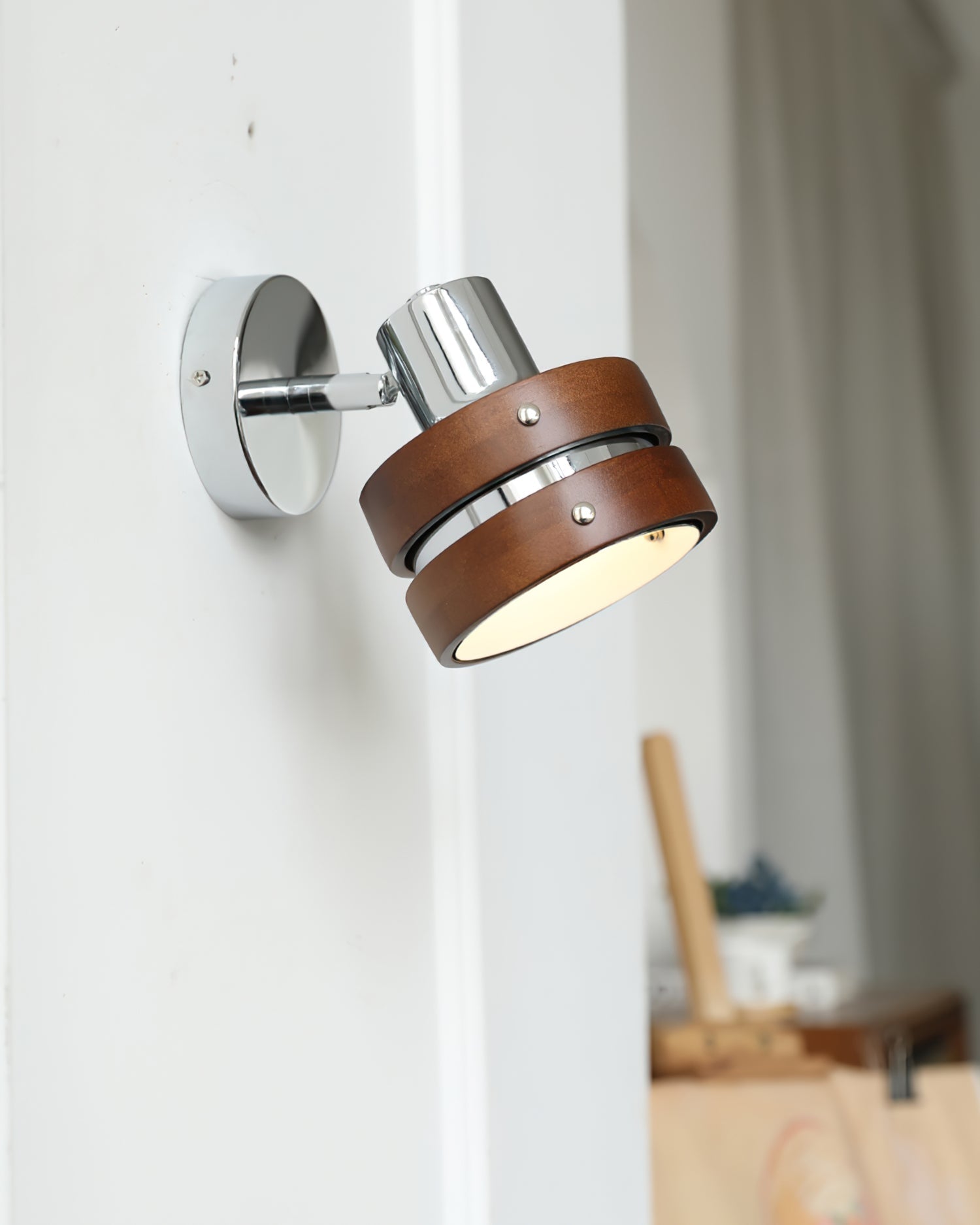 Modern Walnut Wood and Chrome Wall Sconce Set of 2 Adjustable Japanese Style Indoor Lamp