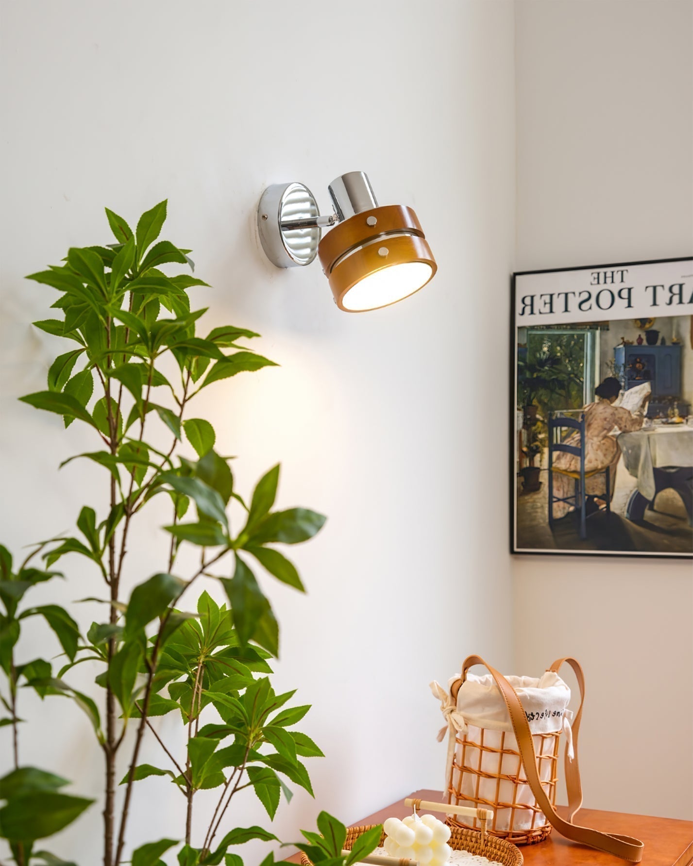 Modern Walnut Wood and Chrome Wall Sconce Set of 2 Adjustable Japanese Style Indoor Lamp