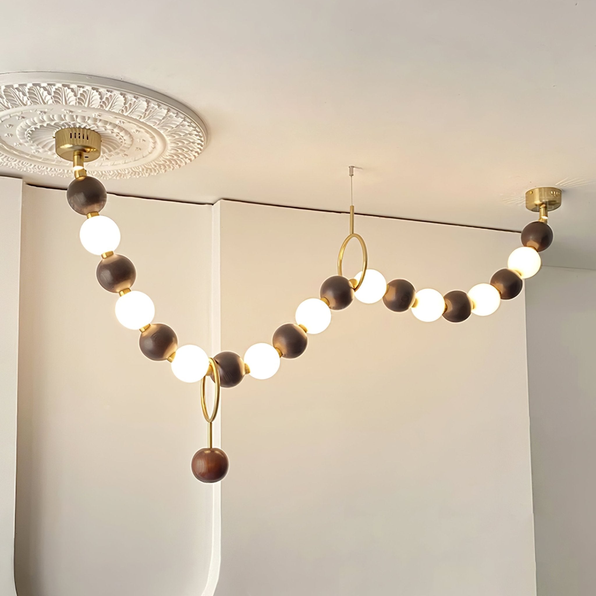 Modern Walnut Wood and Frosted Bead Necklace Chandelier LED Gasolier Pendant Light