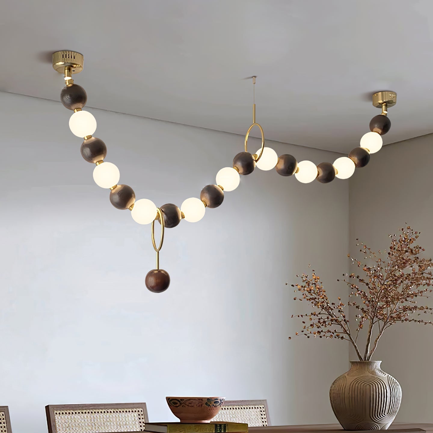 Modern Walnut Wood and Frosted Bead Necklace Chandelier LED Gasolier Pendant Light