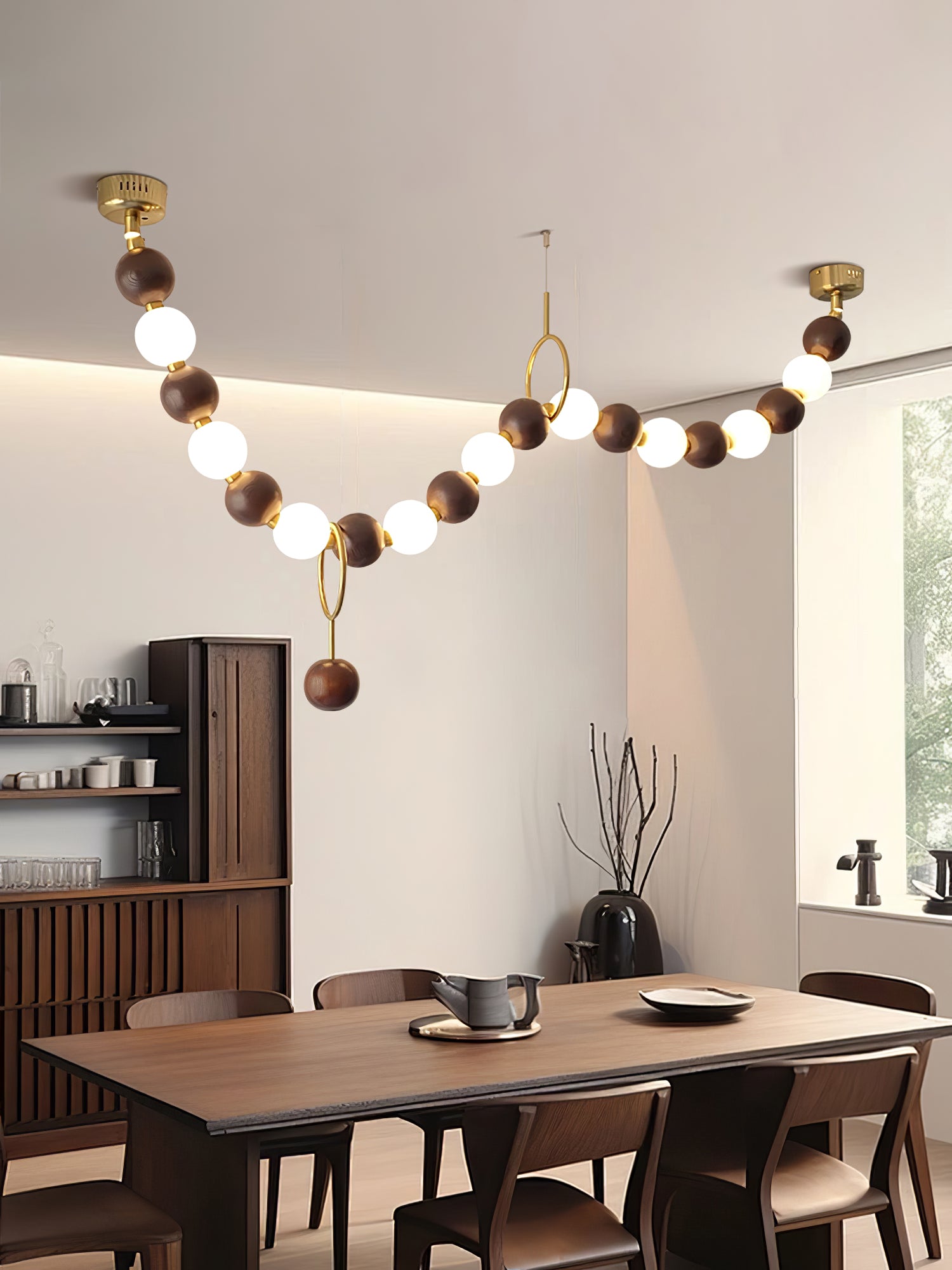 Modern Walnut Wood and Frosted Bead Necklace Chandelier LED Gasolier Pendant Light