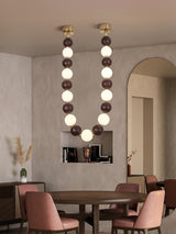 Modern Walnut Wood and Frosted Bead Necklace Chandelier LED Gasolier Pendant Light