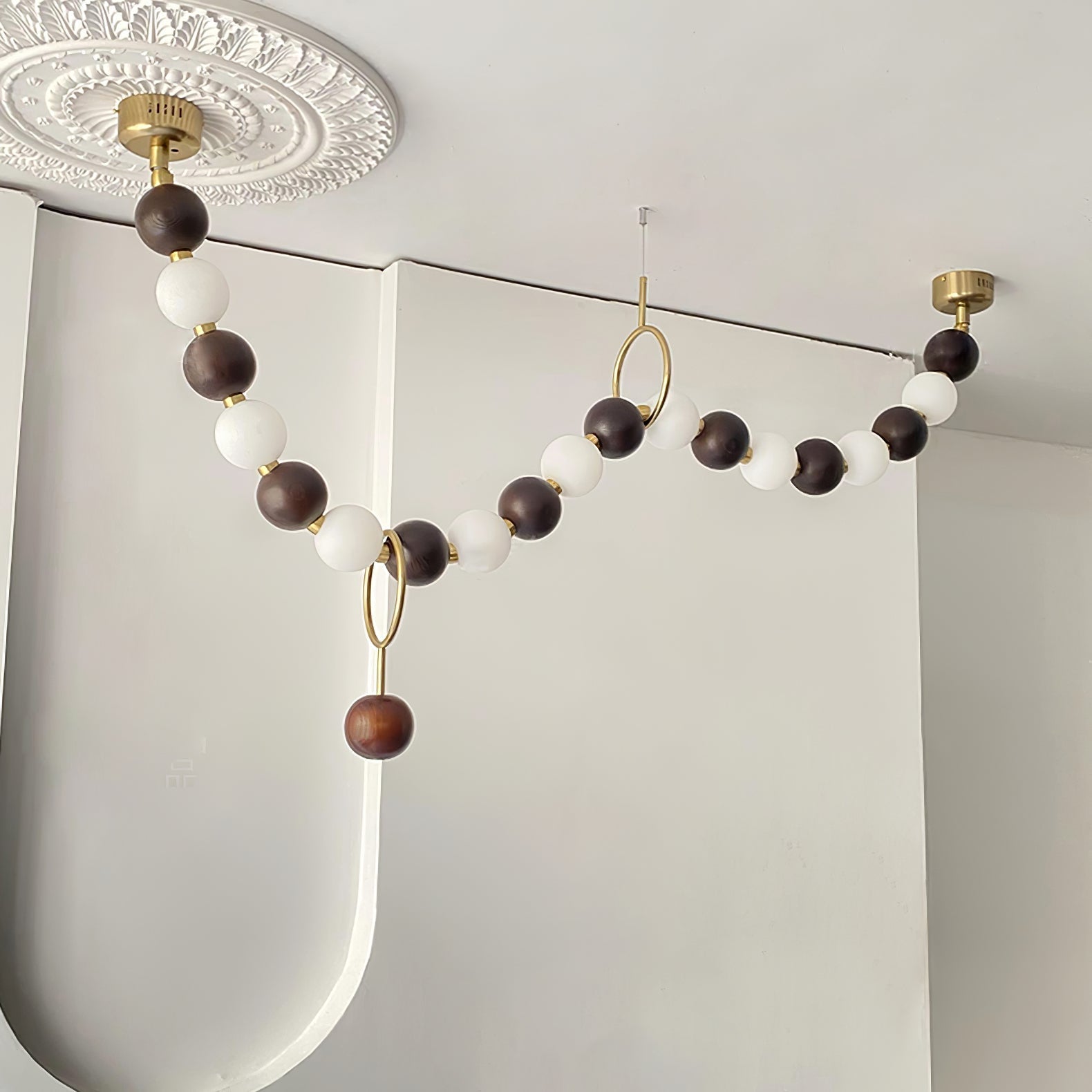 Modern Walnut Wood and Frosted Bead Necklace Chandelier LED Gasolier Pendant Light