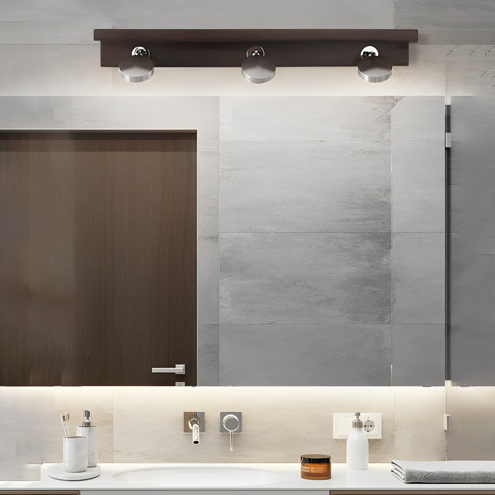 Modern Walnut Wood Bathroom Vanity Light with Adjustable Spotlights and Glass Shades 2 or 3 Lights