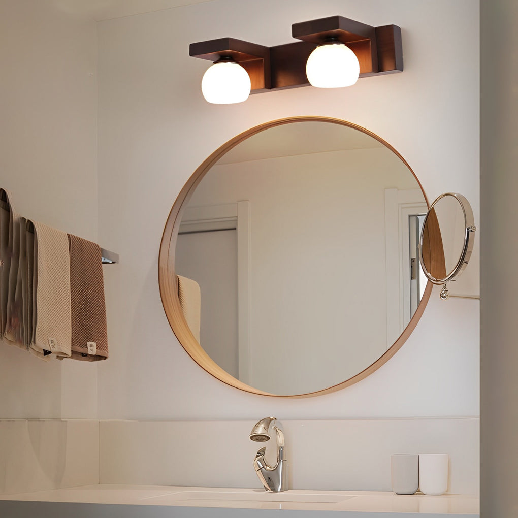 Modern Walnut Wood Bathroom Vanity Light with Adjustable Spotlights and Glass Shades 2 or 3 Lights
