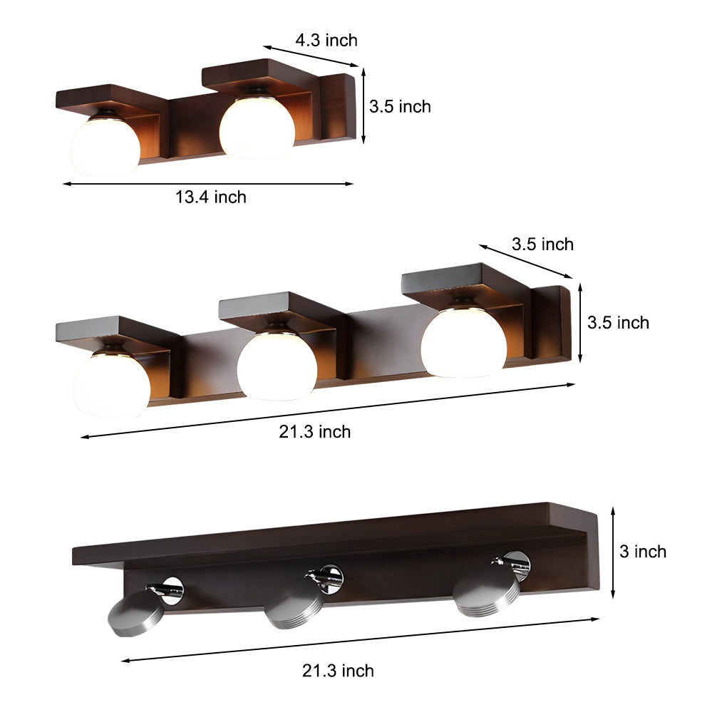 Modern Walnut Wood Bathroom Vanity Light with Adjustable Spotlights and Glass Shades 2 or 3 Lights