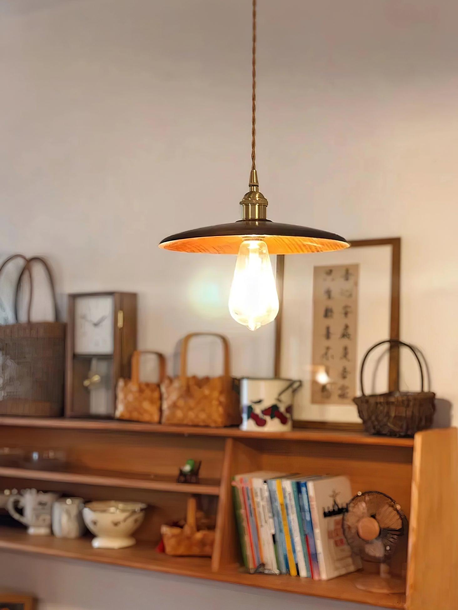 Modern Walnut Wood Conical Pendant Light with Brass Accents for Home Decor