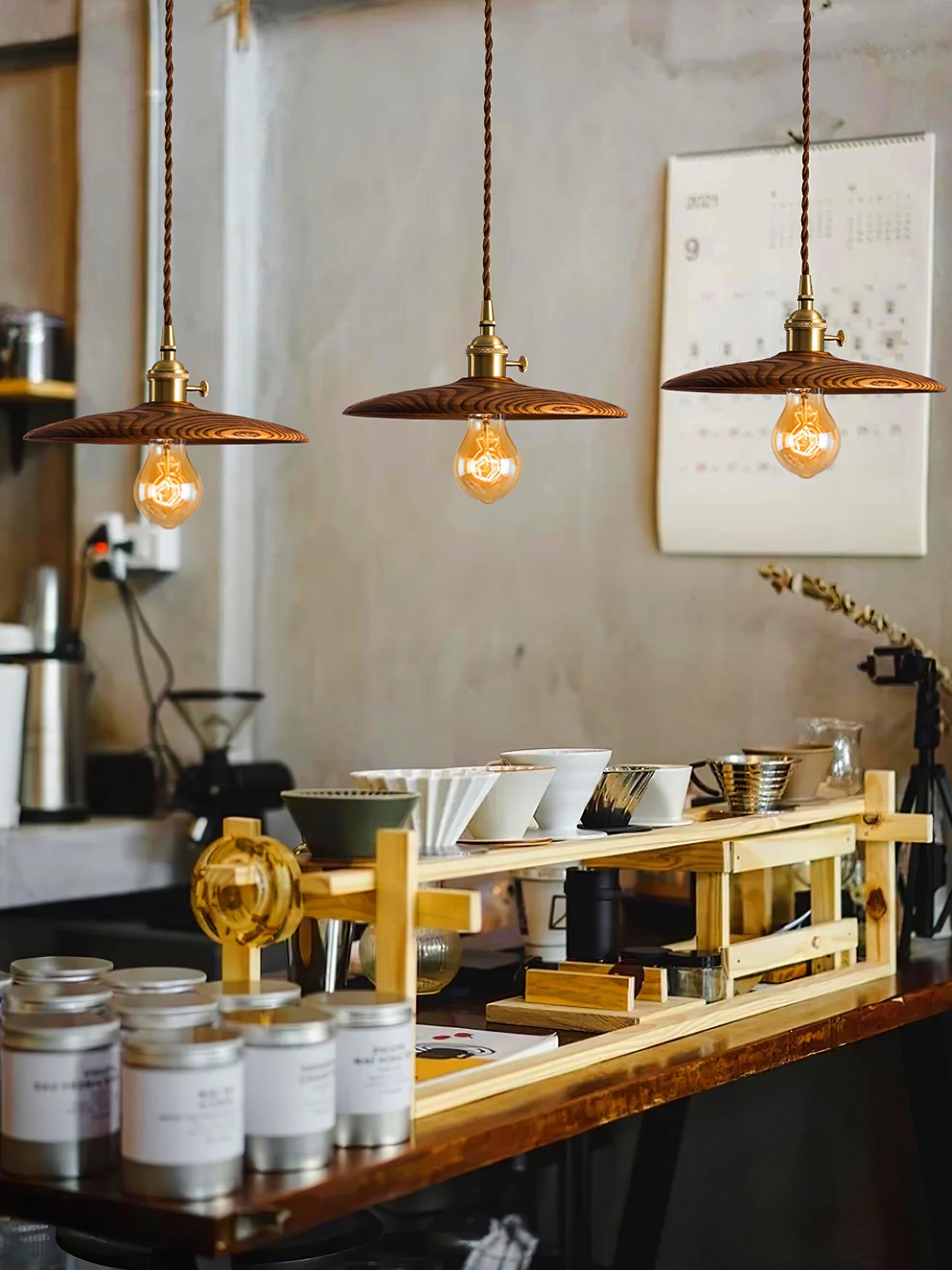 Modern Walnut Wood Conical Pendant Light with Brass Accents for Home Decor
