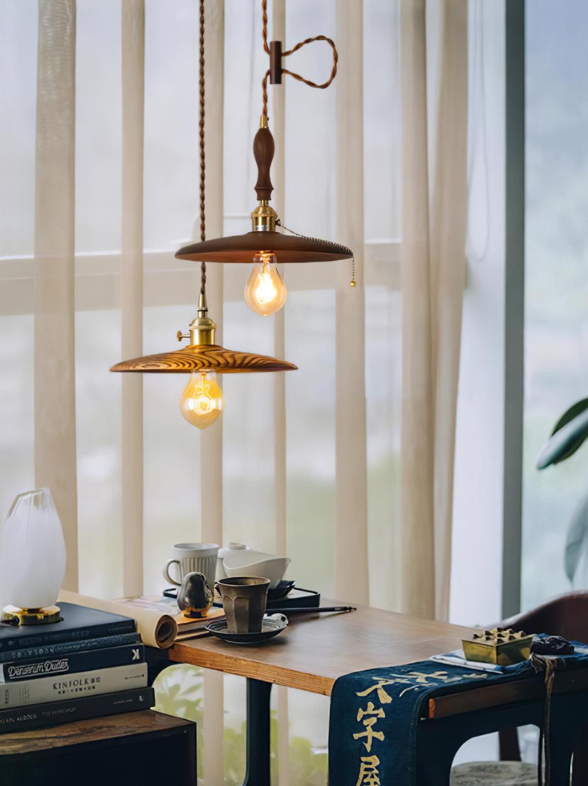 Modern Walnut Wood Conical Pendant Light with Brass Accents for Home Decor