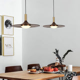 Modern Walnut Wood Dish LED Pendant Light Brass and Walnut Finished Hanging Lamp