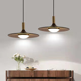 Modern Walnut Wood Dish LED Pendant Light Brass and Walnut Finished Hanging Lamp