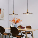 Modern Walnut Wood Dish LED Pendant Light Brass and Walnut Finished Hanging Lamp