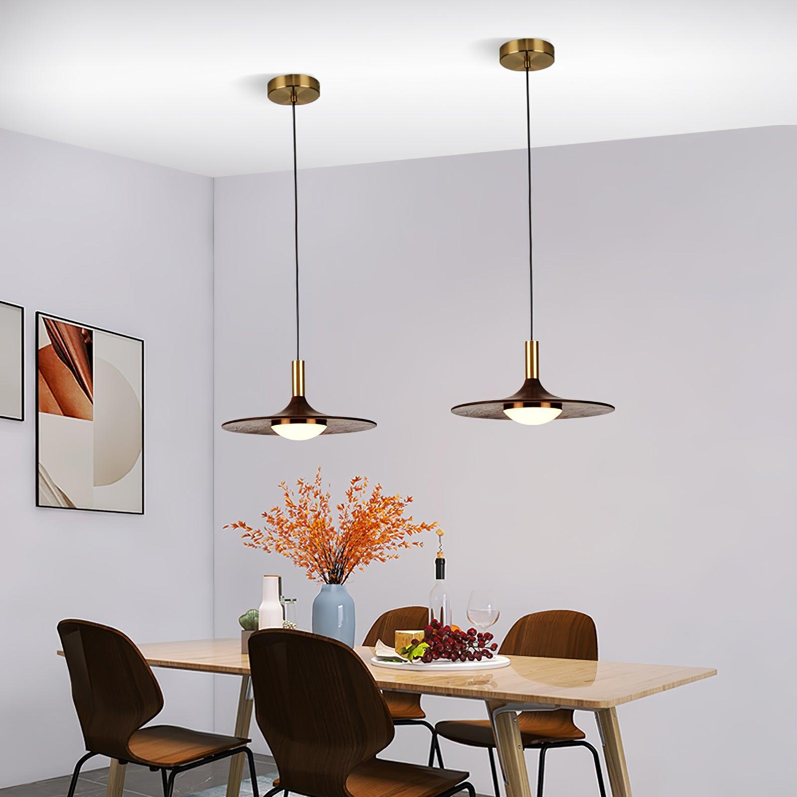 Modern Walnut Wood Dish LED Pendant Light Brass and Walnut Finished Hanging Lamp
