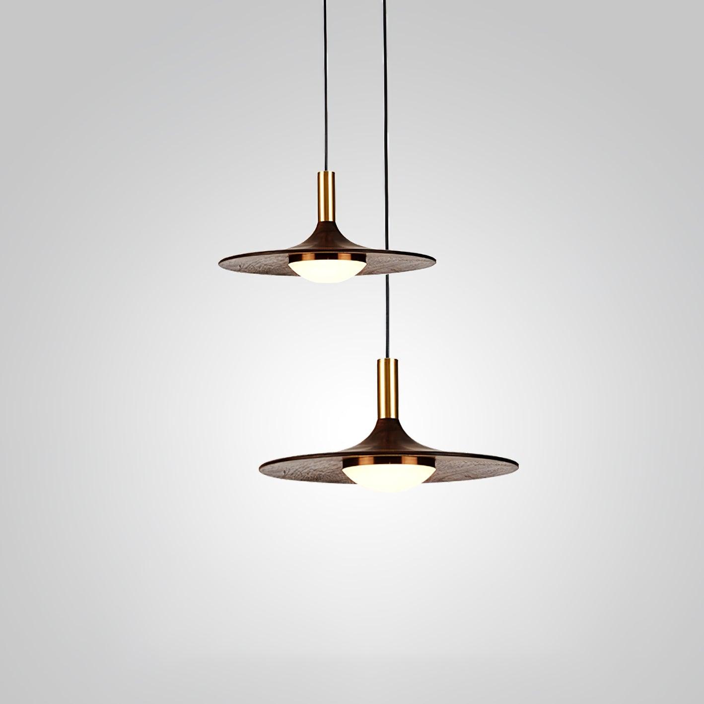 Modern Walnut Wood Dish LED Pendant Light Brass and Walnut Finished Hanging Lamp