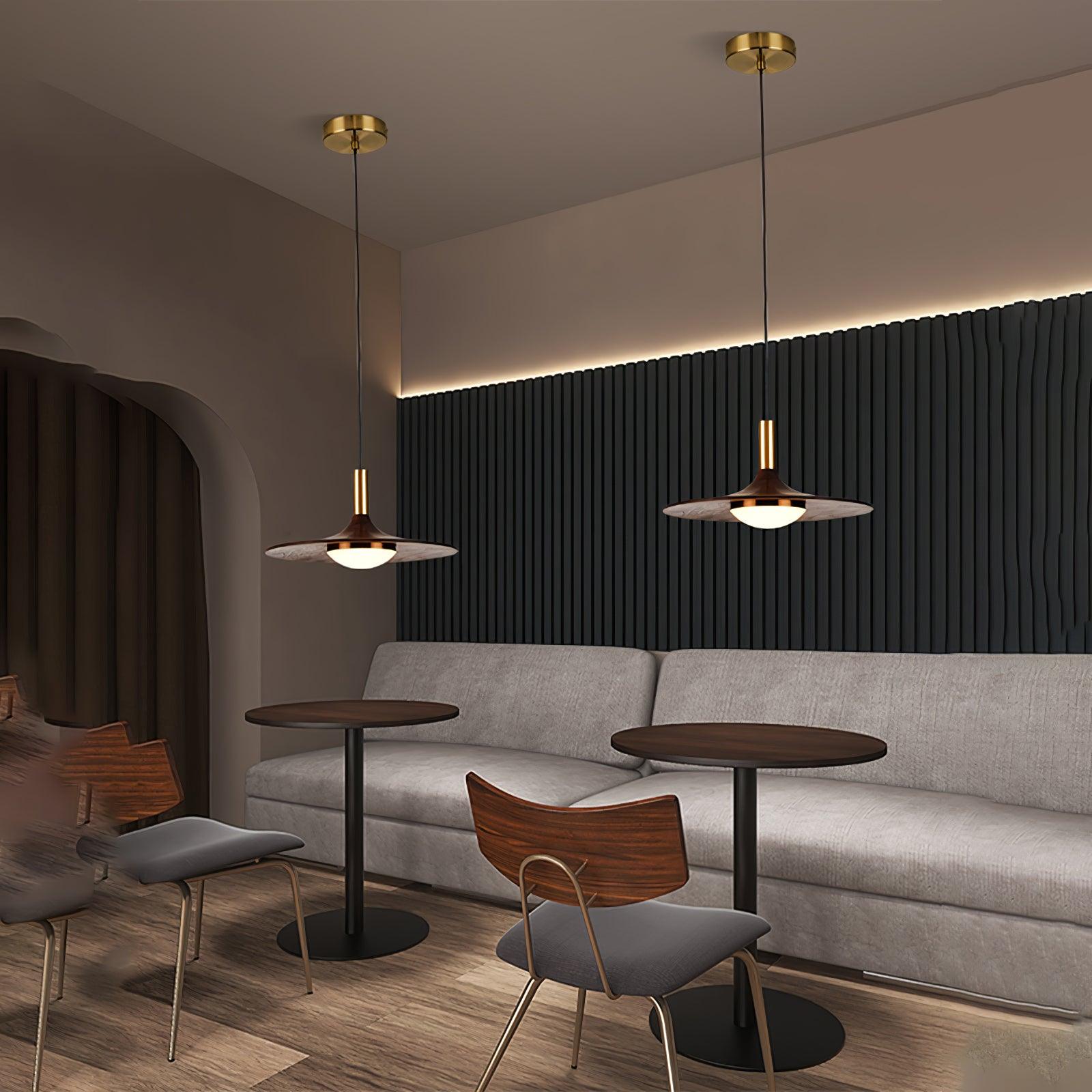 Modern Walnut Wood Dish LED Pendant Light Brass and Walnut Finished Hanging Lamp