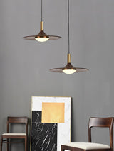 Modern Walnut Wood Dish LED Pendant Light Brass and Walnut Finished Hanging Lamp