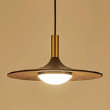 Modern Walnut Wood Dish LED Pendant Light Brass and Walnut Finished Hanging Lamp