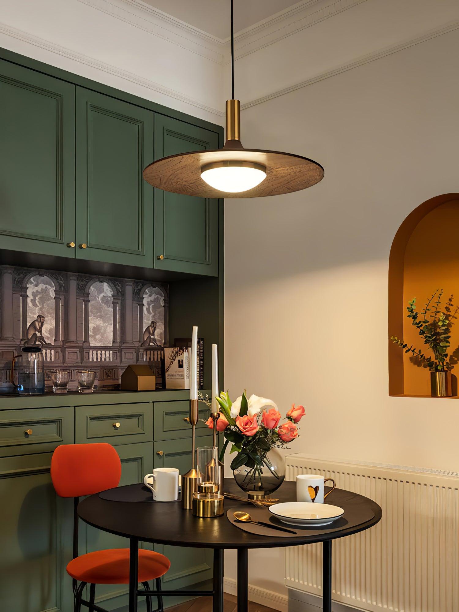 Modern Walnut Wood Dish LED Pendant Light Brass and Walnut Finished Hanging Lamp