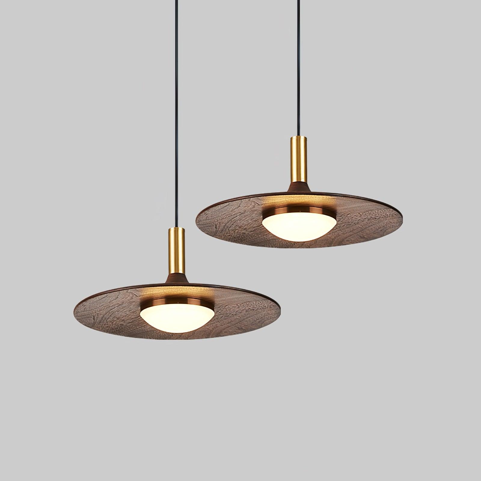 Modern Walnut Wood Dish LED Pendant Light Brass and Walnut Finished Hanging Lamp