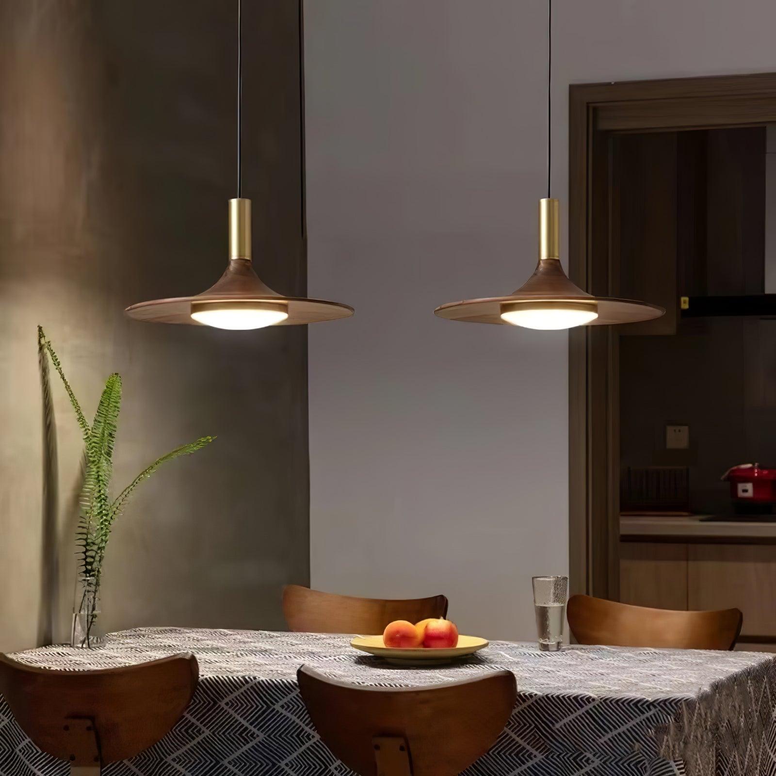 Modern Walnut Wood Dish LED Pendant Light Brass and Walnut Finished Hanging Lamp