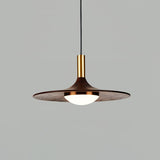 Modern Walnut Wood Dish LED Pendant Light Brass and Walnut Finished Hanging Lamp
