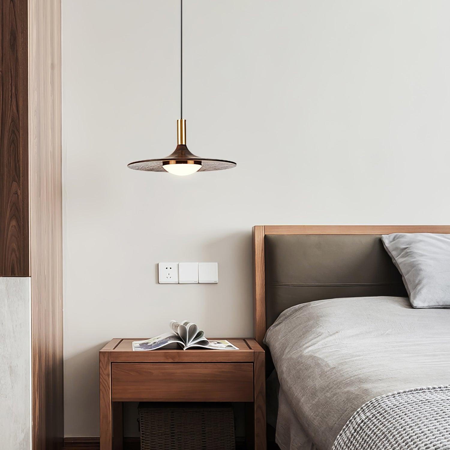 Modern Walnut Wood Dish LED Pendant Light Brass and Walnut Finished Hanging Lamp