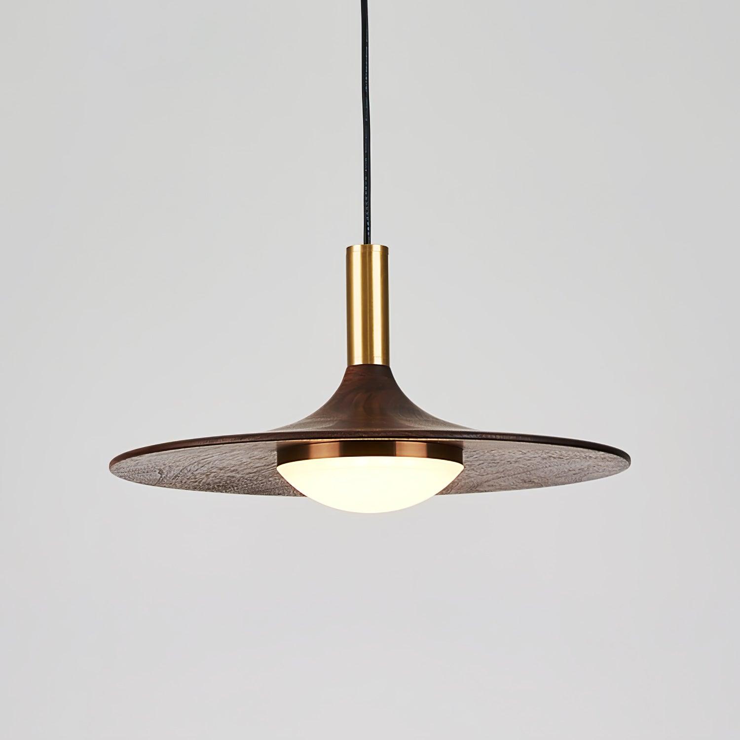 Modern Walnut Wood Dish LED Pendant Light Brass and Walnut Finished Hanging Lamp