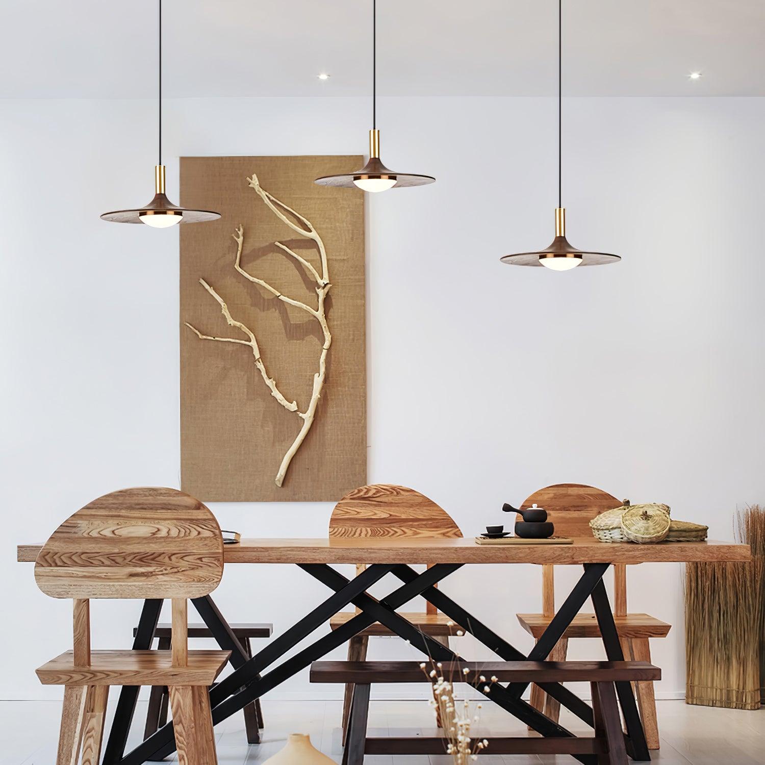 Modern Walnut Wood Dish LED Pendant Light Brass and Walnut Finished Hanging Lamp
