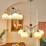 Modern Walnut Wood Flower Bud Chandelier with Frosted Glass Shades and Chrome Finish