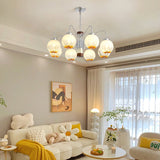 Modern Walnut Wood Flower Bud Chandelier with Frosted Glass Shades and Chrome Finish
