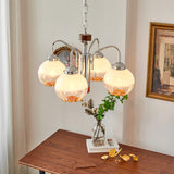 Modern Walnut Wood Flower Bud Chandelier with Frosted Glass Shades and Chrome Finish