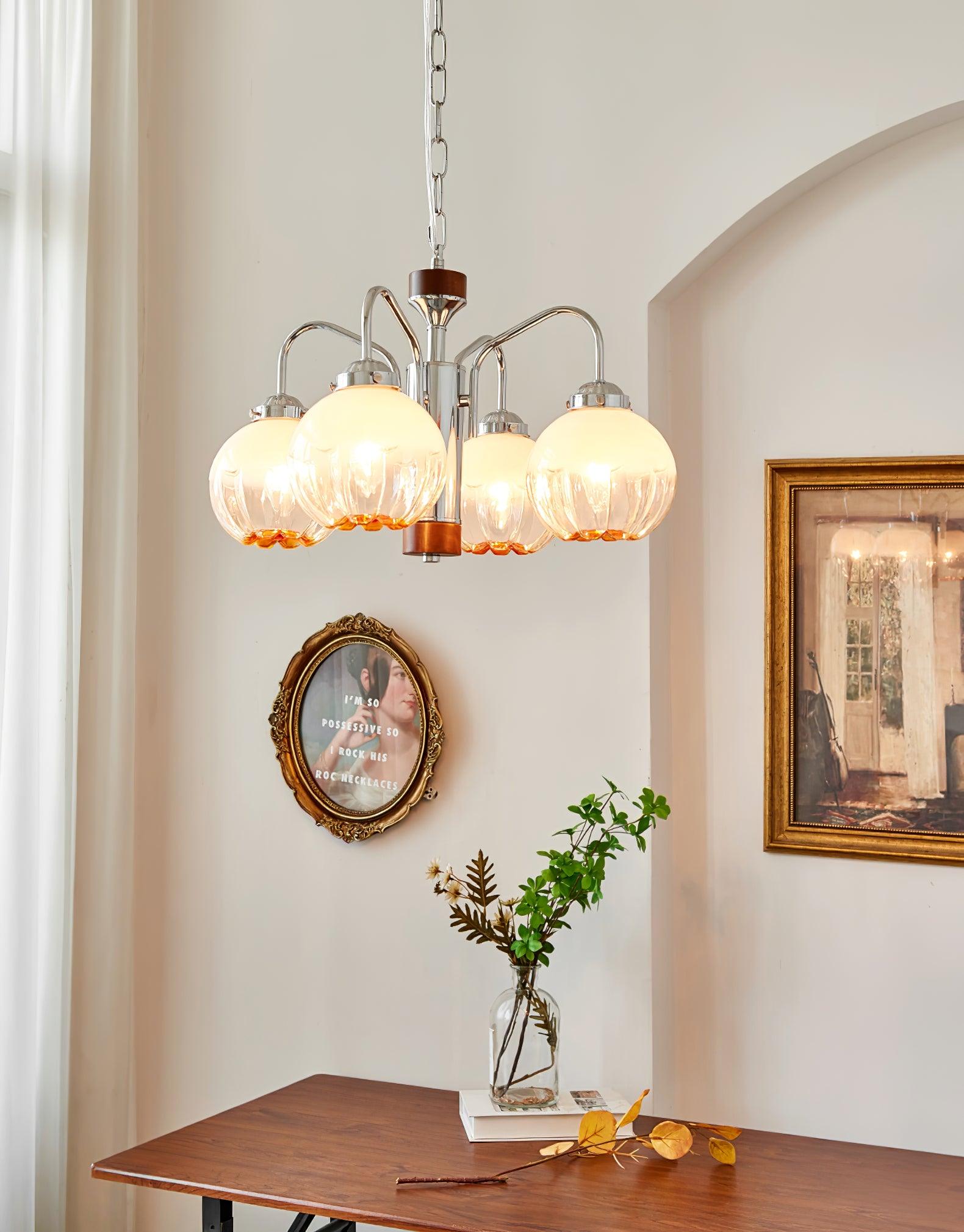 Modern Walnut Wood Flower Bud Chandelier with Frosted Glass Shades and Chrome Finish