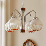 Modern Walnut Wood Flower Bud Chandelier with Frosted Glass Shades and Chrome Finish