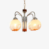 Modern Walnut Wood Flower Bud Chandelier with Frosted Glass Shades and Chrome Finish