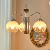 Modern Walnut Wood Flower Bud Chandelier with Frosted Glass Shades and Chrome Finish