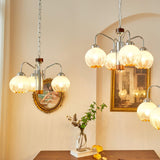 Modern Walnut Wood Flower Bud Chandelier with Frosted Glass Shades and Chrome Finish