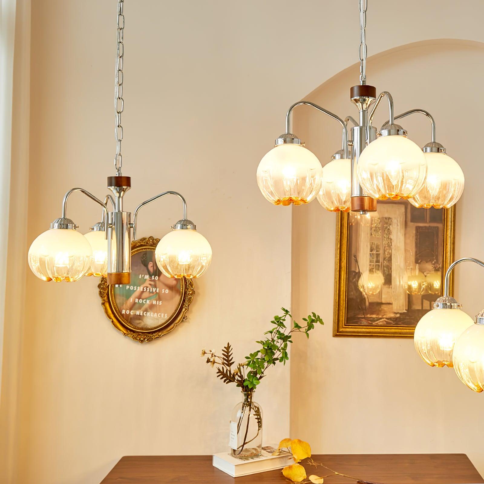 Modern Walnut Wood Flower Bud Chandelier with Frosted Glass Shades and Chrome Finish