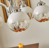 Modern Walnut Wood Flower Bud Chandelier with Frosted Glass Shades and Chrome Finish