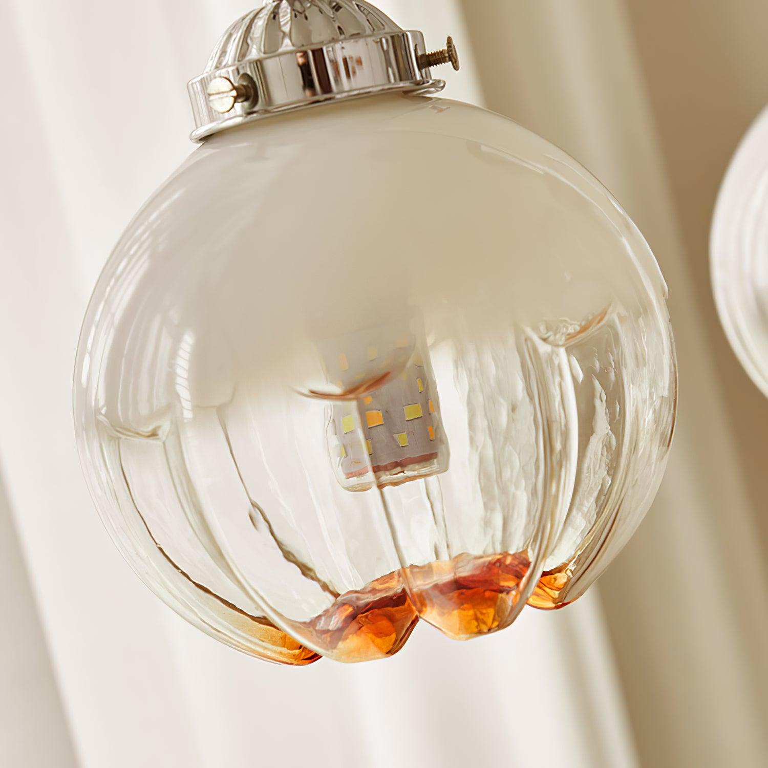 Modern Walnut Wood Flower Bud Chandelier with Frosted Glass Shades and Chrome Finish
