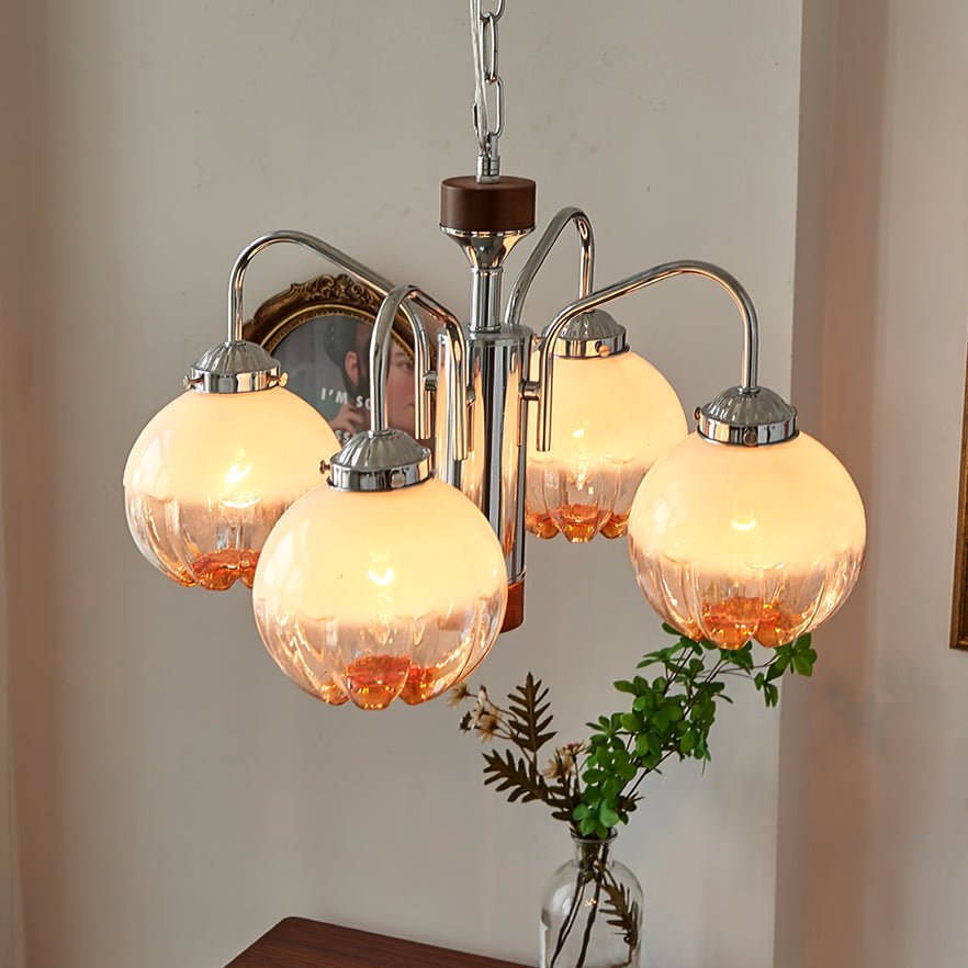 Modern Walnut Wood Flower Bud Chandelier with Frosted Glass Shades and Chrome Finish