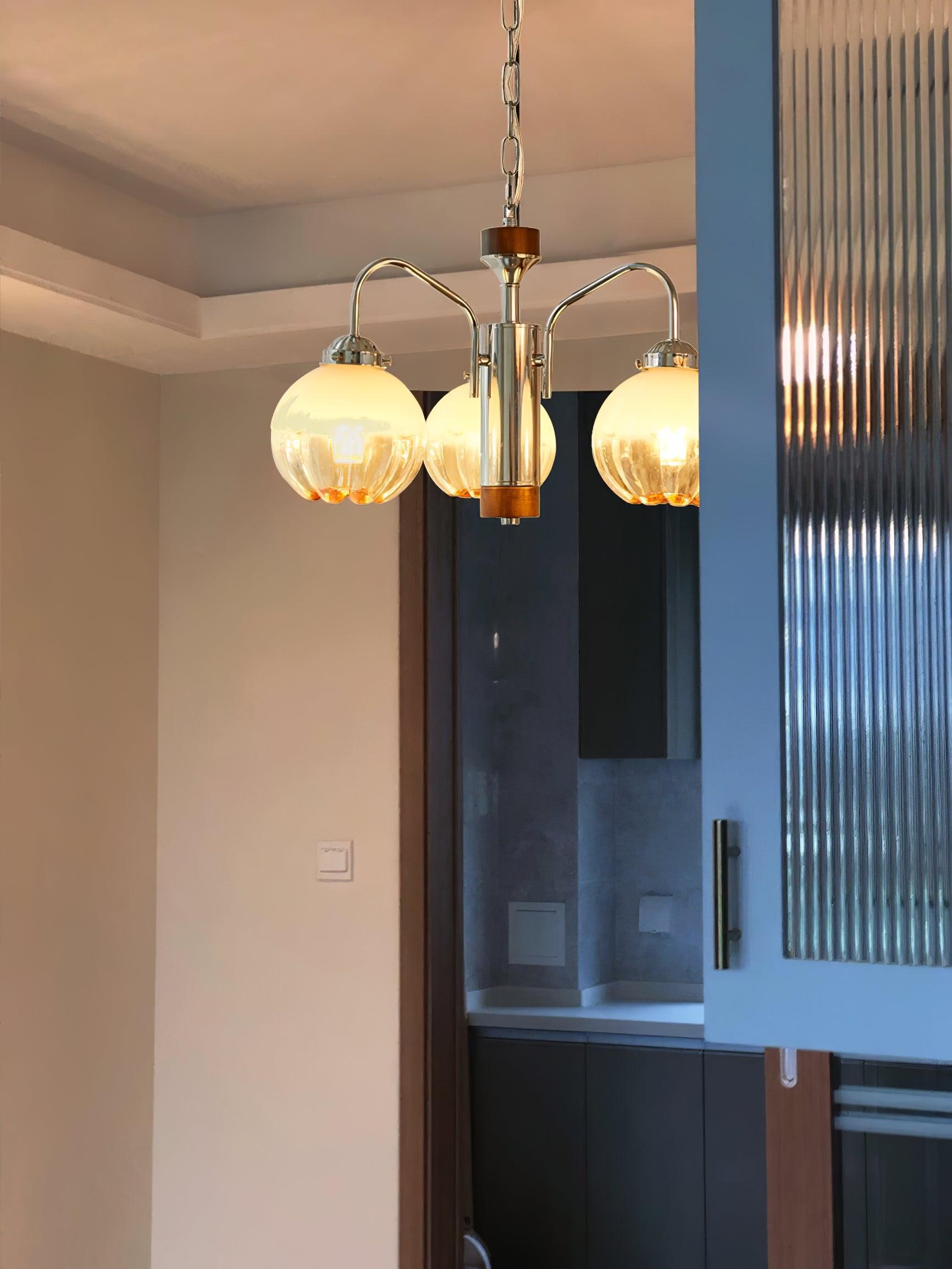 Modern Walnut Wood Flower Bud Chandelier with Frosted Glass Shades and Chrome Finish