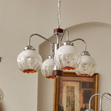 Modern Walnut Wood Flower Bud Chandelier with Frosted Glass Shades and Chrome Finish